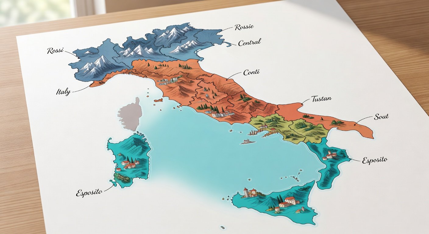 Regional map of Italy showing distinct surname patterns across Northern, Central, and Southern regions